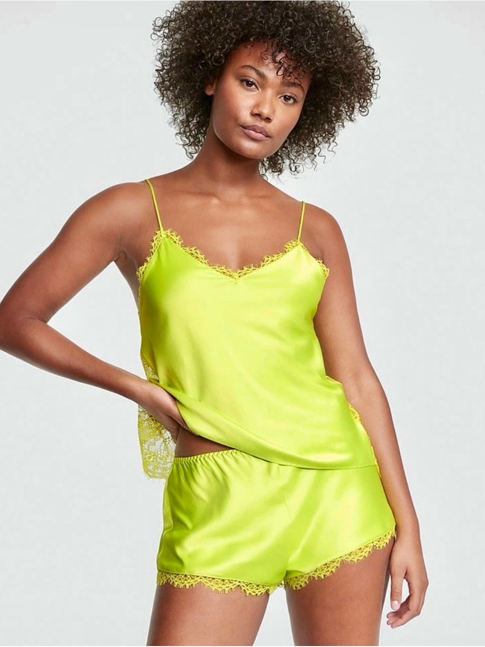Victoria's Secret Neon Lime Lace-Trim Satin Cami & Shorts XL NWT